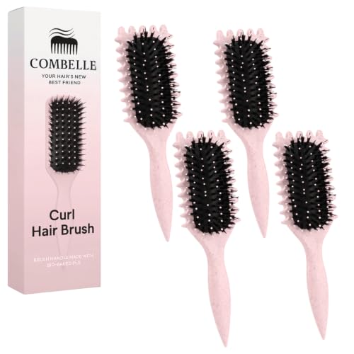 Image of Combelle 5-in-1 Curl Hair Brush, Vegan Boar Bristles, Bio-Baked PLA Handle, Detangling and Frizz Control for Curly Hair - Pink (Pack of 4)