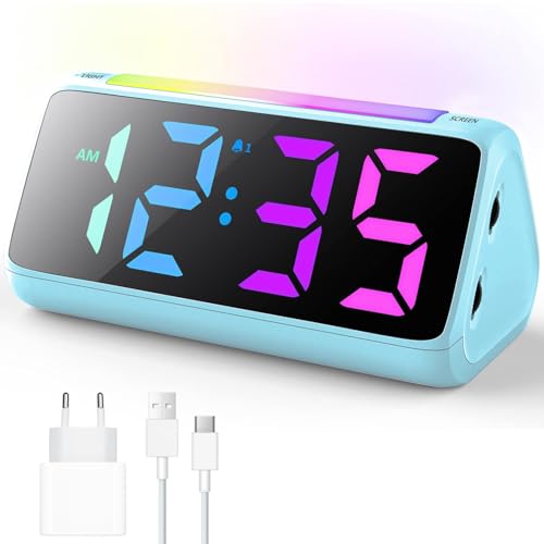 Despertador digital, despertador digital para niños con luz, pantalla LED colorida, 0 100 % de intensidad de intensidad, 2 alarmas, repetición, 3 volúmenes, puerto de carga USB, despertador infantil