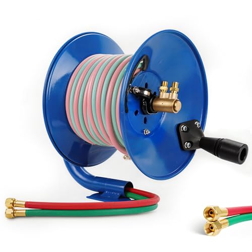 Blue Manual Twin Welding Hose Reel - Holds 100 ft of 3/8 or 1/4 Gas Hose Universal Mounting Bracket for Wall Ceiling or Cart (Hose Not Included)