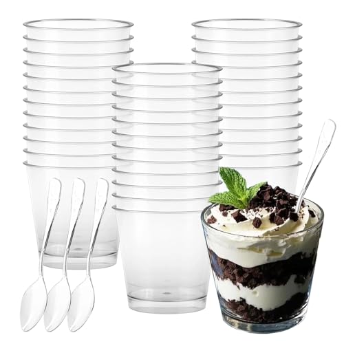 50 tazze da dessert con 50 cucchiai da 200 ml/7 oz bicchieri da dessert trasparenti riutilizzabili tazze da dessert rotonde per la casa, dessert, budino, mousse, gelato, yogurt, festa