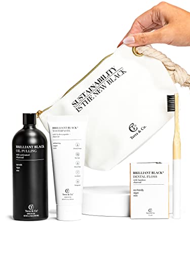 Image of Terra & Co. Brilliant Black Teeth Whitening Kit for Healthy Teeth and Gums | Oil Pulling, Bamboo Charcoal Dental Floss, and Charcoal Tooth Paste | Vegan and Cruelty-Free