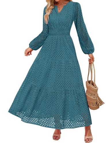 ZESICA Women's 2025 Fall Long Sleeve Maxi Dress V Neck Hollow Out Eyelet A Line Long Flowy Casual Party Dresses Teal Large