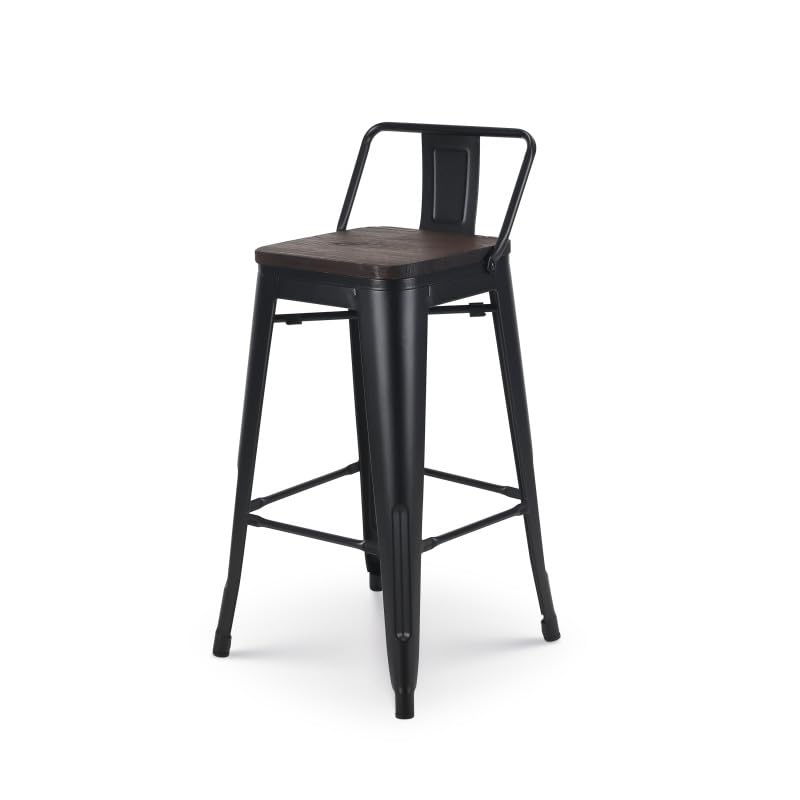 Kosmi - Taburete de Bar en Metal Negro Mate y Asiento en Madera Oscura con Respaldo, Silla de Bar Taburete de Metal y Madera Alta Altura 66cm