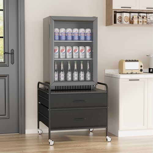 VOWNER Mini Fridge Stand with Storage, Heavy Duty Beverage Refrigerator Stand with 2 Fabric Drawer, Fridge Cart with 4 Lockable Metal Wheels, 220LBS Capacity 22