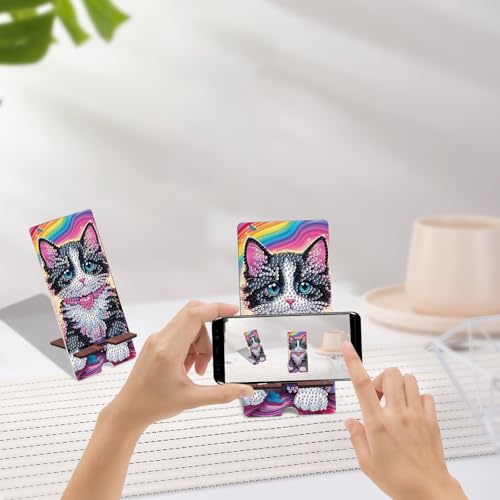 Image of Cute Cat Diamond Painting Phone Stand with Mirror, DIY Wooden Diamond Art Desktop Holder, 2-in-1 Multi-Functional Diamond Painting Tabletop Ornament for Home and Office