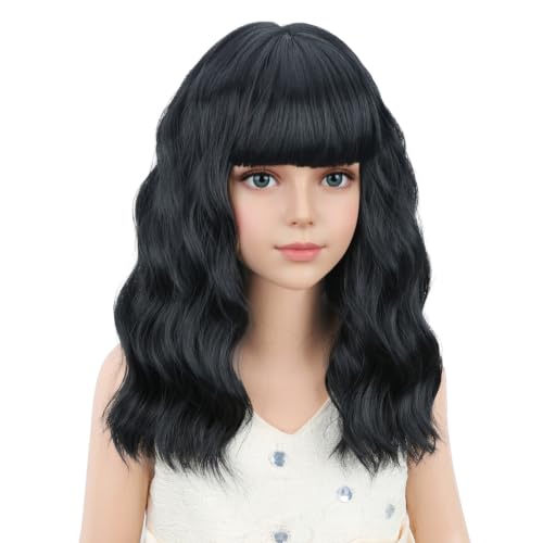 Image of PATTNIUM Black Kids Child Wig Shoulder Length Black Wavy Wigs with Bangs for Gilrs Heat Resistant Synthetic Girls Wig Daily Wear Wigs