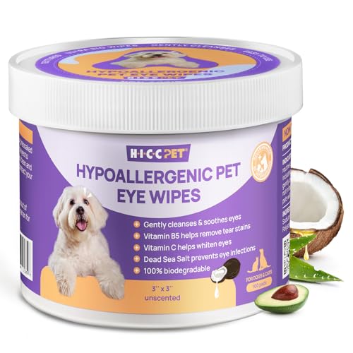 HICC PET Eyes Wipes for Dogs & Cats, Vet-Recommended Dog Eye Infection Treatment, Gently Remove Tear Stain, Debris, Discharge - Hypoallergenic Pet Eye Wash Cleaner for Eyes, Wrinkle, Face - 100pcs