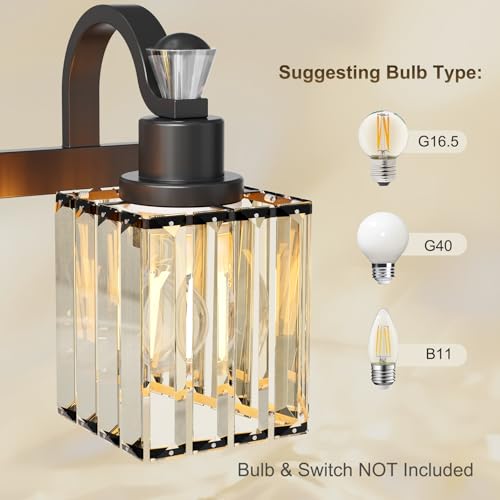 Image of GarveeTech Bathroom Vanity Light Fixtures Modern Crystal Vanity Light Fixtures Over Mirror, 4 Light Modern Crystal Wall Lighting with Square Shade(Black)