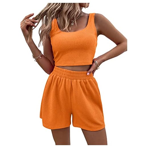 Verdusa Women's 2 Piece Ribbed Crop Tank Top and Shorts Tracksuit Set Orange L