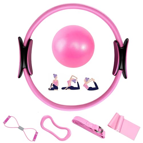 Aischens Set di Anelli da Pilates - 6pcs, Cerchio Magico con Maniglie Imbottite Doppie, Kit di Anelli per Pilates con Palla da Yoga, Fascia di Resistenza, Cerchio Pilates Set di Yoga per Casa (Rosa)