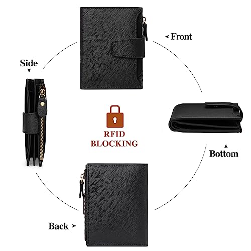 Image of GOIACII RFID Secure Wallet for Women Small Card Holder Leather Black | Trifold Billfold, Cross Grain Leather, Compact Size, 4 ID Windows, 12 Card Slots, 1 Zipper Coin Pocket, Minimalist