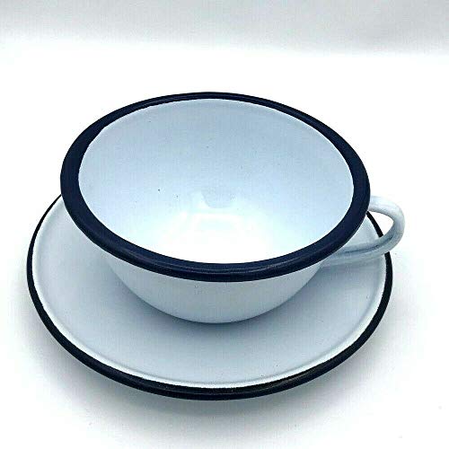Vintage Enamelware Cup Dish White Mug Camping Enamel Coffee Tea Drinking Blue Trim