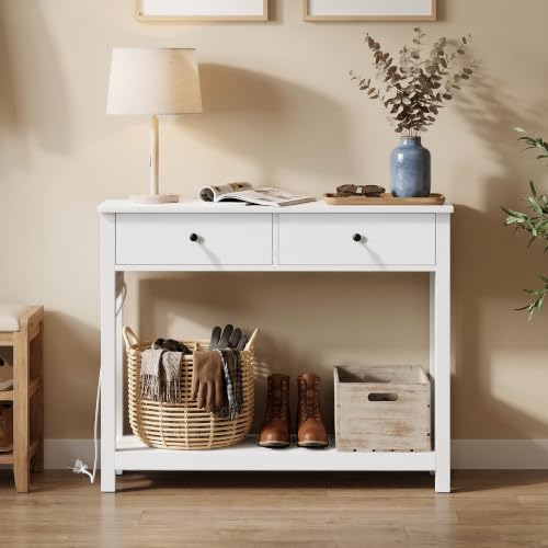 Xbro Mesa de Consola con Tomas de Corriente, Mesa de Pasillo con 2 Cajones y Estante, Mueble Recibidor Entrada para Entrada, Pasillo,Salón,100 x 30 x 80 cm,Blanco