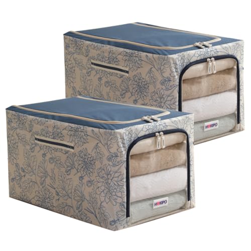 Image of HOKIPO Folding Storage Box and Organiser for Clothes, 600D Oxford Fabric Storage Box, Blue Blossom - Extra Large Pack of 2 (AR-6490-BLU*2)