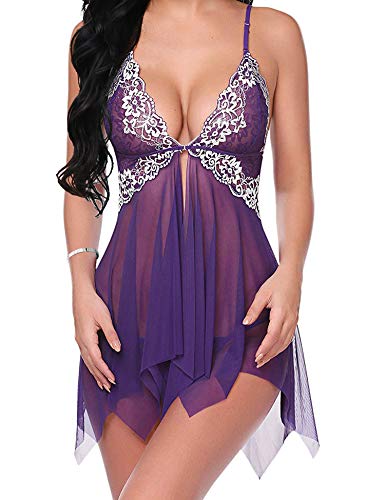 ALLUROMAN Sexy Lingerie for Women Babydoll Chemise Plus Size Front Closure Sleepwear Purple Large