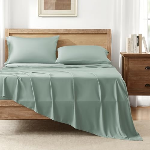 Image of Andency Sage Green King Sheets Set 100% Viscose Derived from Bamboo | Cooling Summer Sheets, Deep Pocket Up to 16 inch, Silky Soft Hotel Luxury Breathable Bedding Sheets & Pillowcases