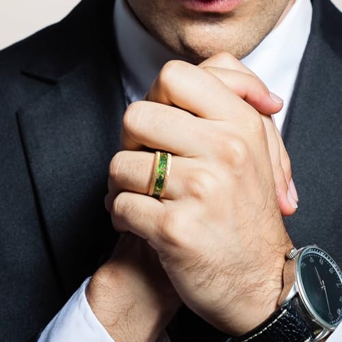 8mm Men's Tungsten Carbide Ring Gold/Black Hammered Meteorite Shavings Gold Foil Inlay Galaxy Nebula Green Opal Engagement Wedding Ring Matte Finish Comfortable Fit3