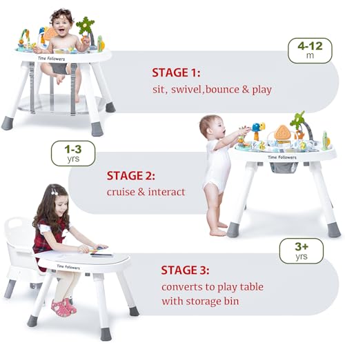 Time Followers® Baby Activity Center | 3-Stage 4Modes Activity Center & Play Table | Montessori-Inspired Design | Exersaucer, Jumper & Bouncer for Baby Ages 6M+ (White)