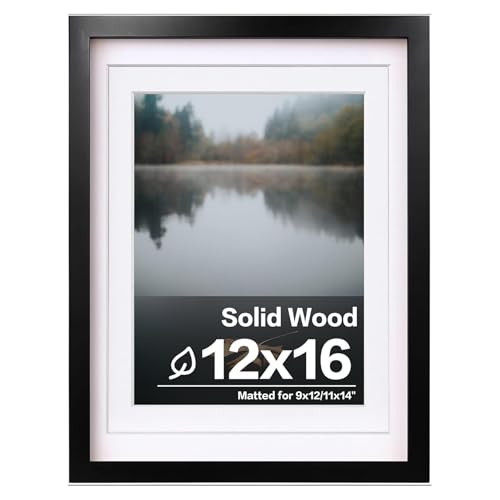 Egofine 12x16 Picture Frame Black Covered by Plexiglass Made of Solid Wood Display Pictures 9x12 and 11x14 with Mat or 12x16 Without Mat for Wall Mounting Photo Frame