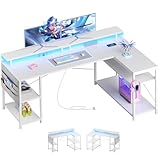 YeTom l字デスク LEDライト付き ゲーミングデスク 幅130cm モニター台付き パソコンデスクpcデスク コーナーデスク 棚板高さ調節可能 収納袋付きゲーミングテーブル 左右入れ替え対応 ゲーム 書斎白い