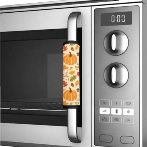 Image of Refrigerator Door Handle Covers Set of 6 Kitchen Electrical Appliances Handle Protector Anti-Slip Fridge Accessories for Halloween Decor, Pumpkin Fall Leaf Pattern Beige