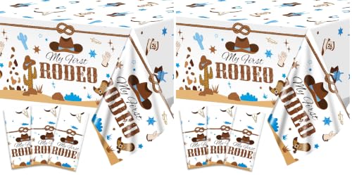 Image of gisgfim 3 Pcs My First Rodeo Birthday Party Supplies Western 1st Rodeo Party Tablecloths Blue Cowboy Table Cover Decorations for Boy Baby Shower (Pack of 2)
