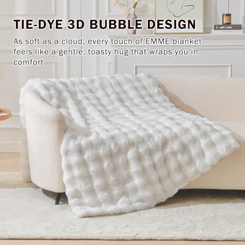 Image of EMME Faux Fur Blanket King Size White - Big Bubble Rabbit Cozy Blanket for Couch, Thick Furry Plush Shaggy Blankets, 650GSM, 108x90 Inches