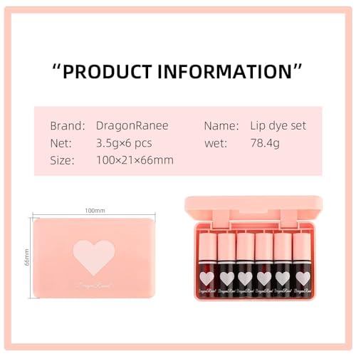 Image of 6 Colors Lip Tint Stain Set, Korean Velvet Watery Lip Stain Moisturizing Mini Liquid Lipstick, Multi-use Lip and Cheek Tint, Long lasting Non-Stick Cup Waterproof, Lip Color Makeup (Heart)