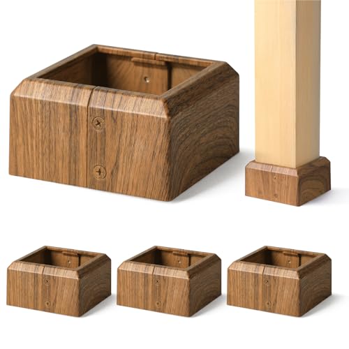 Prinfort 4pcs 4x4 Aluminum Deck Post Base Cover Outdoor, Decorative Post Covers for Basement Dark Burlywood, Square Post Skirts Trim for Railing丨Fence