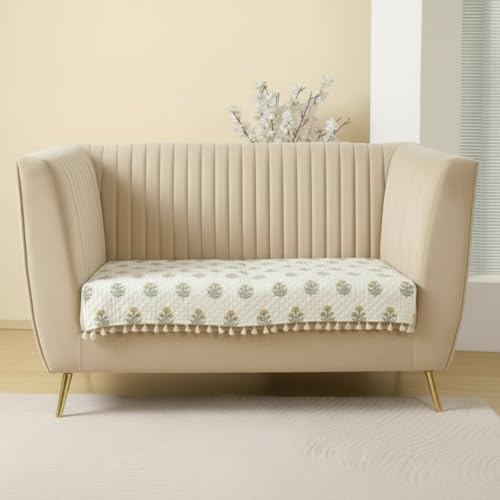 Image of HOMEMONDE 2 Seater Quilted Velvet Printed Sofa Cover with Tassels |Soft, Durable & Premium Fabric with Tassels | Sofa Cover Mats for Living Room, Bedroom & Office (76 X 122 CM, Meadow Bloom)