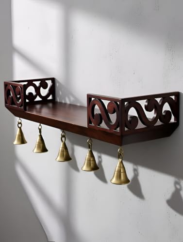 Image of Wooden Wall Shelf with Bells, Traditional Indian Style, Rectangular, Painted Finish | Mandir wall Shelf for Home and Office (Brown)