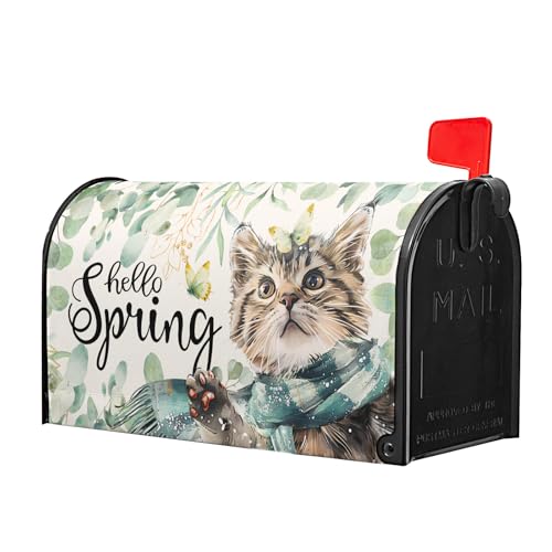 Image of Hello Spring Cat Magnetic Mailbox Cover 25.5 inchx21 inch Watercolor Sage Green Eucalyptus Leaf Kitten Butterfly Mailbox Wrap Post Cover Large Size for Garden Yard Outdoor Outside Decor