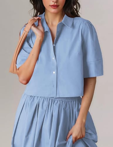 Image of Womens Summer 2 Piece Outfits Skirt Sets Button Short Sleeve Tops Elastic Waist Maxi Dress Sets with Pockets