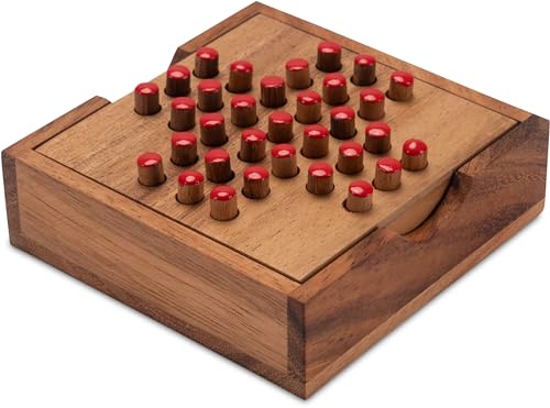 LOGOPLAY Solitär Gr. S - Solitaire - Steckspiel - Denkspiel - Knobelspiel - Geduldspiel - Logikspiel aus Holz - rote Stecker