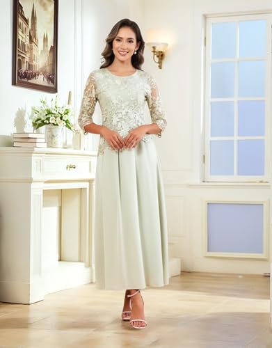 Long Chiffon Mother of The Bride Dresses for Women with 3/4 Sleeves Lace Applique Formal Wedding Guest Dress3