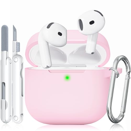 for AirPods 4 Case Pink, TNSNK Soft Silicone AirPod 4 Case Cover Compatible with Apple Airpods 4th Gen 2024, Shockproof Protective Cases for Women Girly with Cleaner Kit & Keychain, Front LED Visible