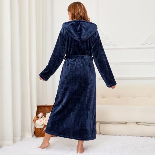 Image of RONGTAI Womens Robes Plush Fleece Hooded Bathrobe Thick Nightgown with Pockets Fluffy Sleepwear