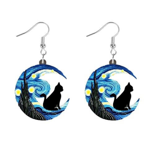 ROSTIVO Lightweight Acrylic Black Cat Starry Night Dangle Earrings for Women Artistic Van Gogh Inspired Jewelry for Halloween and Everyday Wear