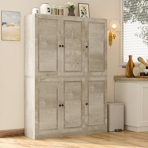 IRONCK Kitchen Pantry Storage Cabinet 47.2' W x 69' H, 6 Doors Large Storage Modern Food Pantries with 8 Shelves and Door Rack, Cupboard for Living Room Dining Room, Rustic Maple