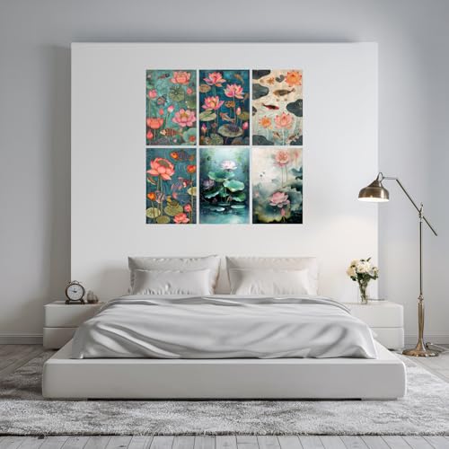 Image of SiddArtify Lotus Pond Wall Art Poster Print Set - Botanical Fish Turtle Decor for Living Room Bedroom Office - 12x18 inch Board Pack of 6
