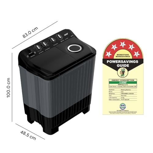 Image of Acer 8.0 Kg 5 Star Semi-Automatic Top Loading Washing Machine(AR80SAMBGL124D, Black-Grey, 4 Wash Programs, Hexa Flow Pulsator, Advanced Lint Filter)