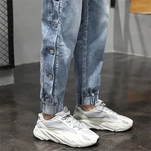 Men Oversized Joggers Pants Stretch Light Blue Side Rivets Loose Fit Tapered Patchwork Harem Jeans4