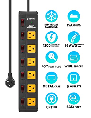 Crst 6 Outlet Heavy Duty Power Strip With Individual Switches, 15A/1875W Moutable Metal Power Strip Surge Protector With Circuit Breaker (1200 Joules), 6 Ft 14Awg Extension Cord #TOP1