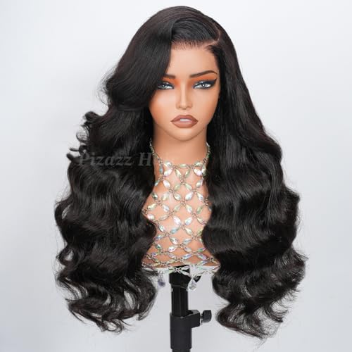 Image of Pizazz 13x4 HD Transparent Lace Front Wigs Human Hair Pre Plucked with Baby Hair 180 Density brazilian Body Wave Human Hair Wigs for Black Women 9A Glueless Lace Frontal Wigs Natural Color(24 Inch)