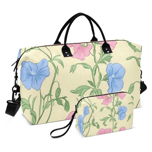 Pink and Blue Pea Flowers Pattern Travel Duffle Bag, Large Weekender Overnight Bags for Women Men Waterproof Carry on Shoulder Tote Bags for Hospital Maternity Mommy Gym with Toiletry Bag