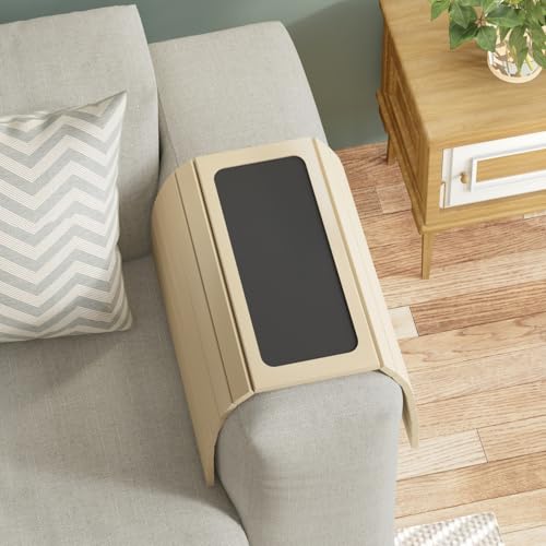 Image of Home Sparkle Wooden Couch Armrest Tray Table | Adjustable Foldable Sofa Arm Tray with Cup Holder | Serving Tray Organizer for Snacks, Tea, Coffee, Phone & Remote | Fits Most Sofas & Recliners