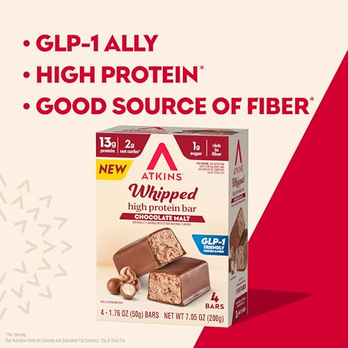 Image of Atkins Whipped Bars, Chocolate Malt Flavored, 13g Protein, 24 Count | 13g Protein, 2g Net Carbs, 1g Sugar, Rich in Fiber, Light and Airy Texture, Individually Wrapped 1.76oz Bars