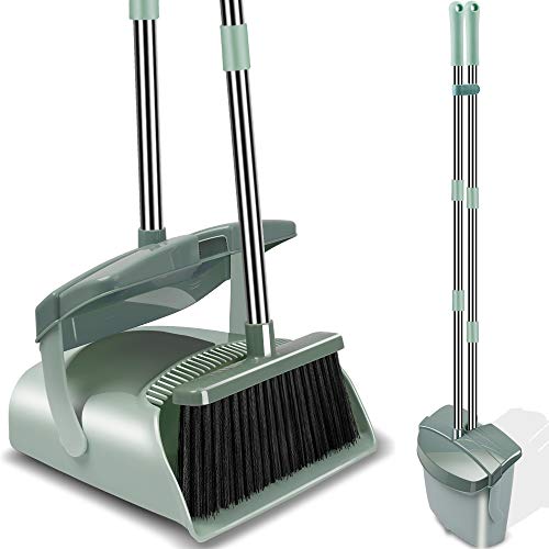 Kelamayi Broom and Dustpan Set with Lid, Long Handle Stainless Steel & Light
