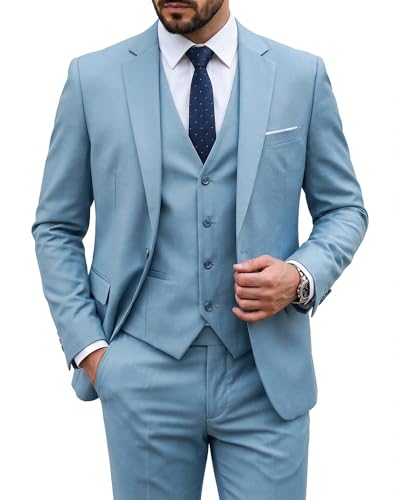 Image of MY'S Men's 3 Piece Suit Set with Tie, One Button Slim Fit Solid Jacket Vest Pants, Prom Party Wedding Business Suits for Men