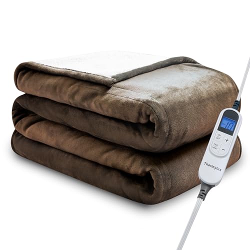 Thermylux Electric Blanket Full 72x84 Heated Electric Blankets 10 Heating 12 Time Settings Levels 8 Hours Auto Off Fast Heating and Overheat Protection ETL Certified Machine Washable Dark Brown